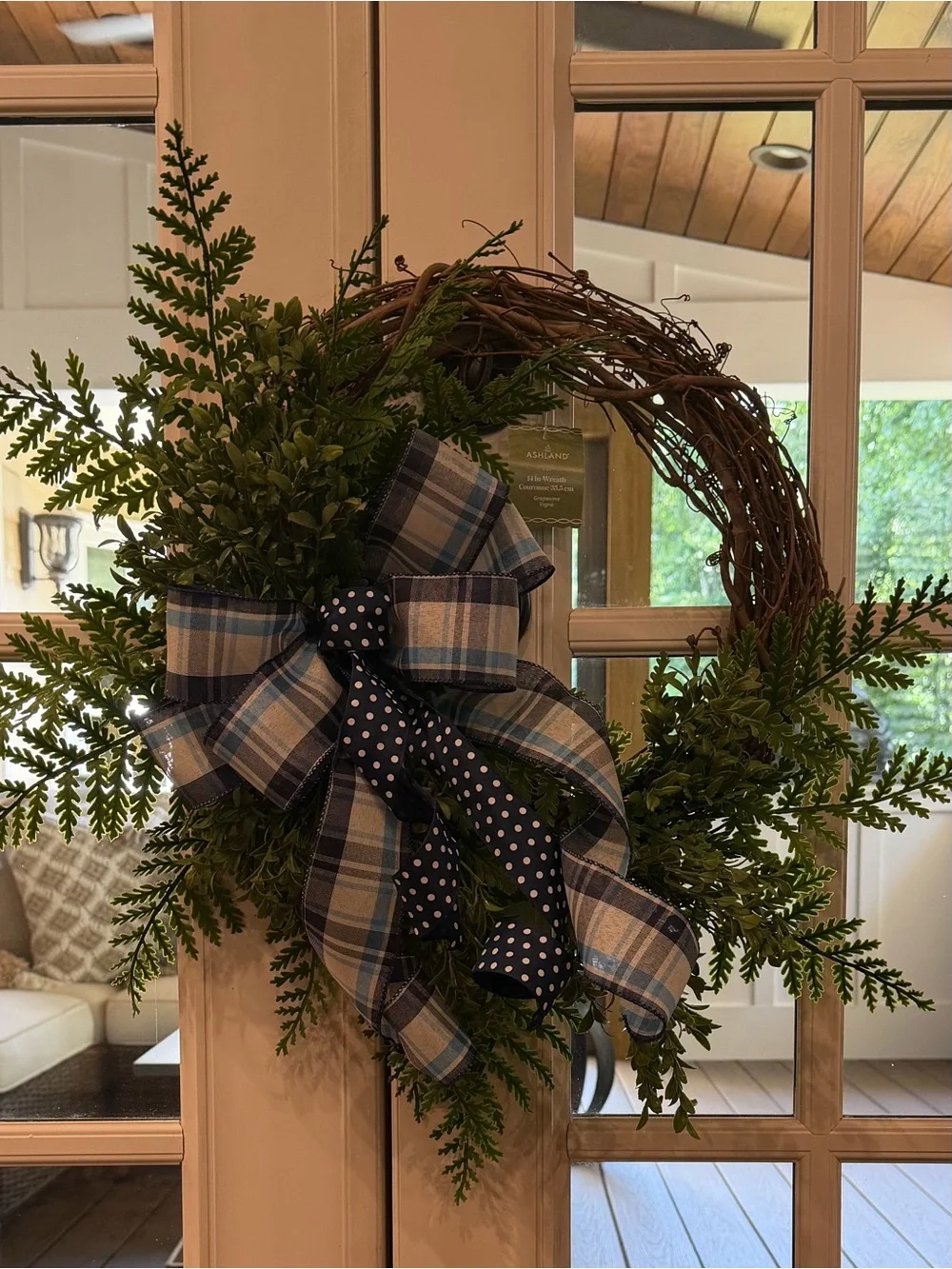 Blue Plaid and Navy Bow Greenery Wreath -
